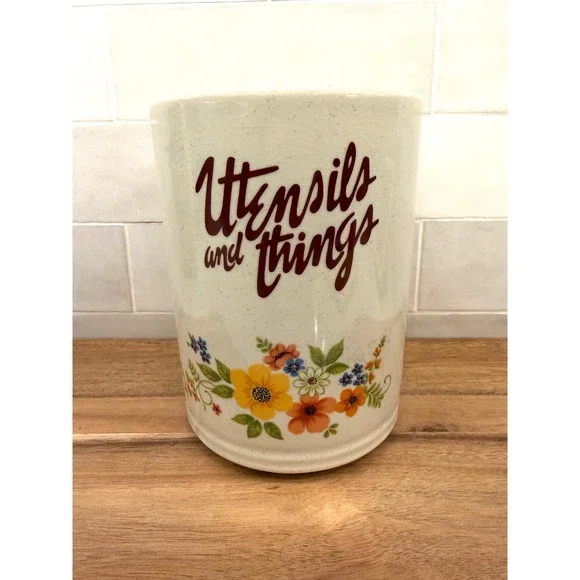 Vintage Sweet Flowers Bake Serve n Store Stoneware Utensil Holder‎ Floral Japan