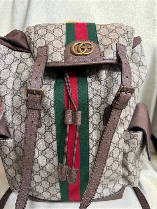 Gucci Brown GG Canvas Backpack with Sherry Line Green and Red