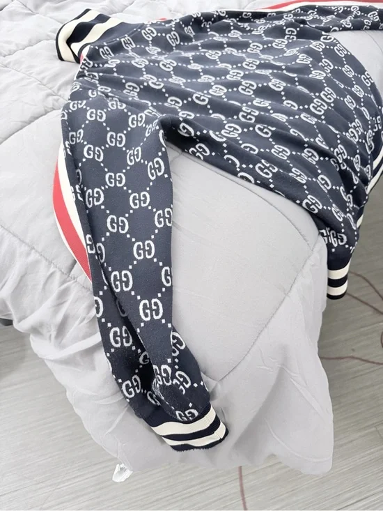 Gucci Navy and White GG Logo Knit Jumper with Red Stripe Accents