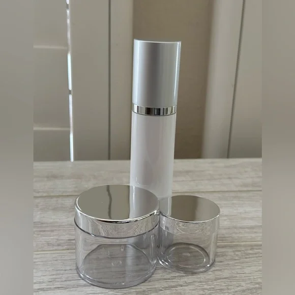 Silver chrome 8 piece DIY CREAM SERUM PUMP JARS BOTTLES ESSENTIAL OILS TRAVEL