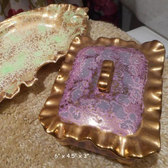 Vtg. SET of 2! Pink & Green Ceramic Enamel & Gold Gilt Tray & Trinket Box!
