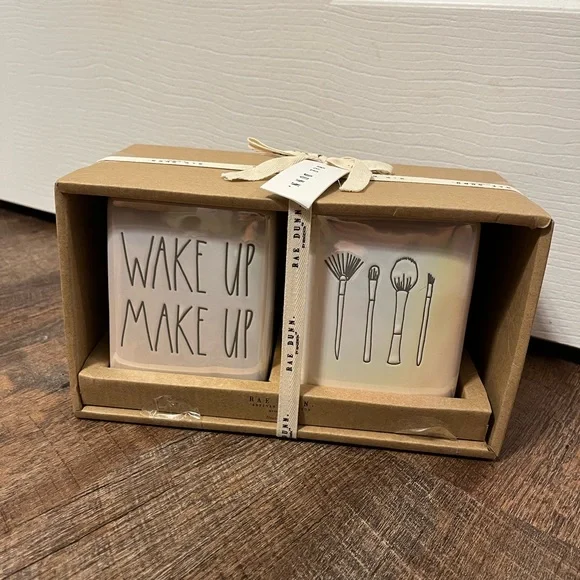 Rae Dunn ‘WAKE UP, MAKE UP” vanity set of two