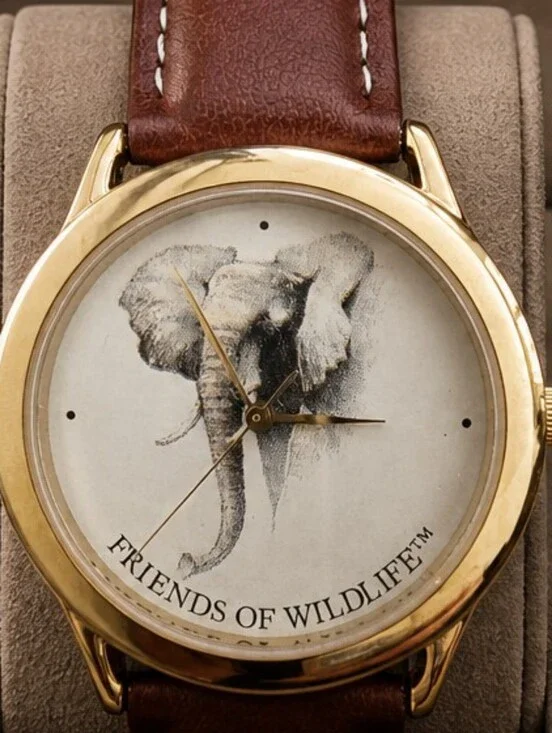 📣 Vintage 90s Friends of Wildlife Elephant 🐘 Dial Watch ⌚ Brown Leather 35 mm