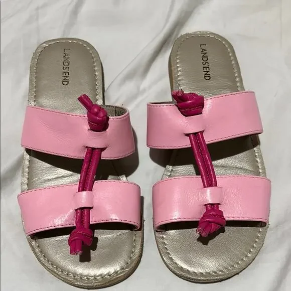 Lands' End Pink 1 leather Sandals with Tassel Details slip on style euc