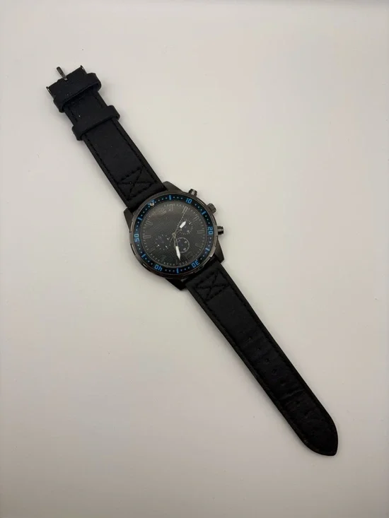 Black Men's Faux Chronograph Watch with Blue Accents New Battery Works!