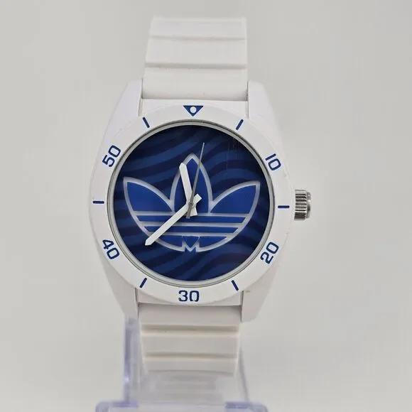 Adidas Men's Watch 41MM Blue White Dial‎ White Plastic Bands New Battery