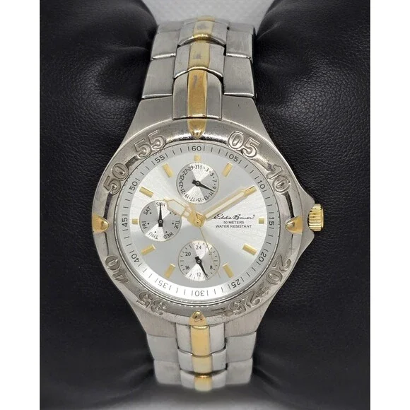 Men's Eddie Bauer Textured 3 Eye Silver Gold Two Tone Case Bracelet Watch 11