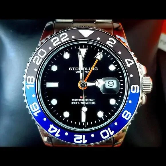 Rare‎ Swiss Batman Stuhrling GMT Stainless Mens Diver Watch