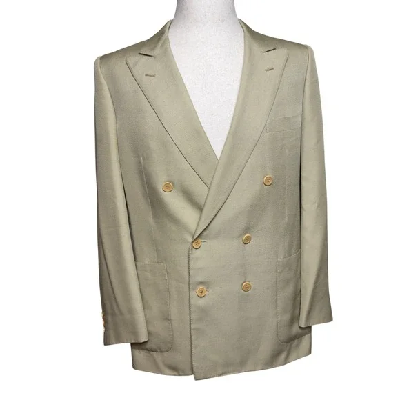 Vintage Gucci Mens Pure Silk Double Breasted Blazer Tan Beige 52R Made in Italy
