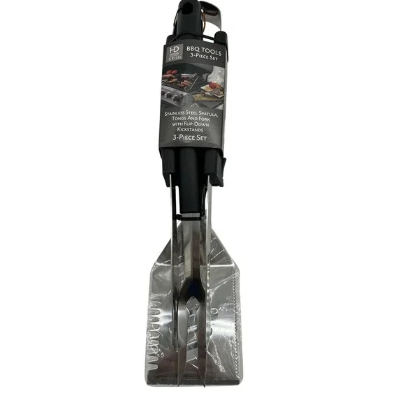 HD Designs Grill BBQ Tools 3-Piece Set Stainless Steel Spatula Fork Tongs‎ Kit