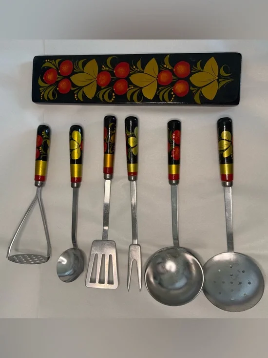 Khokhloma Assorted Kitchen Utensil Set of 7 Items hand painted Floral