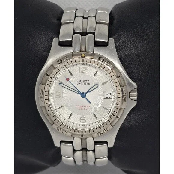 Men's Guess Waterpro Rotating Bezel Date Silver Tone Case Bracelet Watch 13