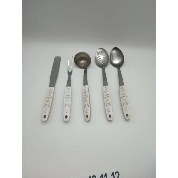 Vtg Flint Ekco Harvest Wheat Stainless 5 Piece Serving Set Slotted Spoon Ladle