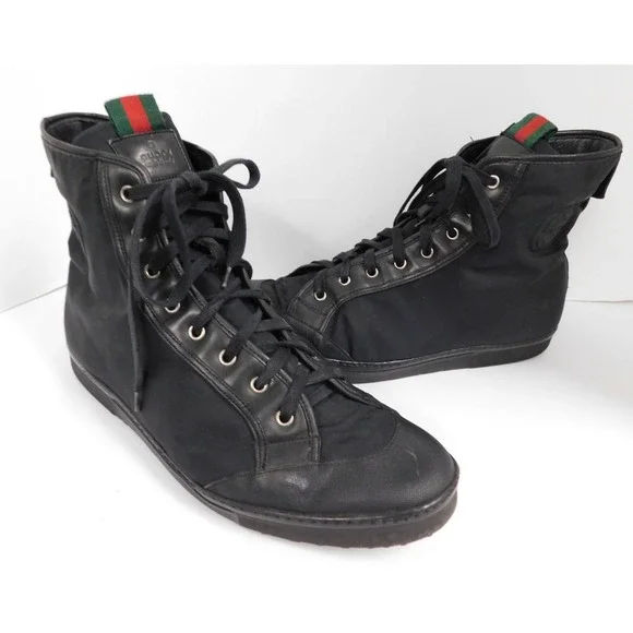 Authentic Men's GUCCI Canvas Leather Red Green Stripe High Top‎ Sneakers sz 44 E