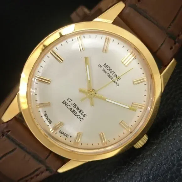 Vintage 1977 Montine Of Switzerland Manual Mens Gold Watch W/Leather Strap