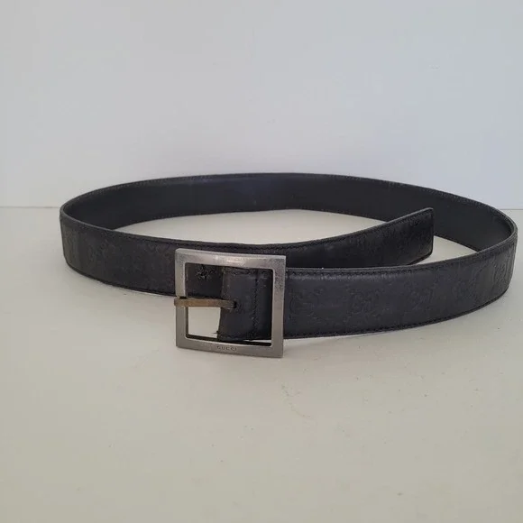 Gucci Guccissima Black Leather Belt 146429 Square Buckle Size 90 36 Mens