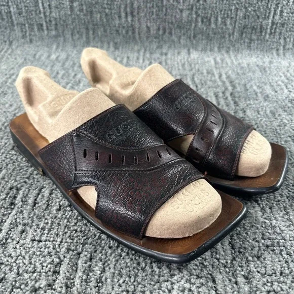 VTG Gucci Slide Sandals Mens 9 Dark Brown Leather Square Toe Made in Italy