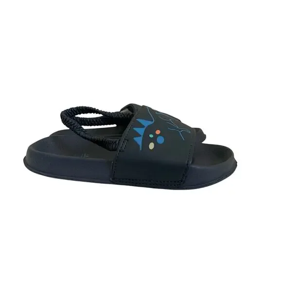Kidpik‎ Boys Navy Blue Dinosaur Graphic Slide Sandals Elastic Back Strap 9/10