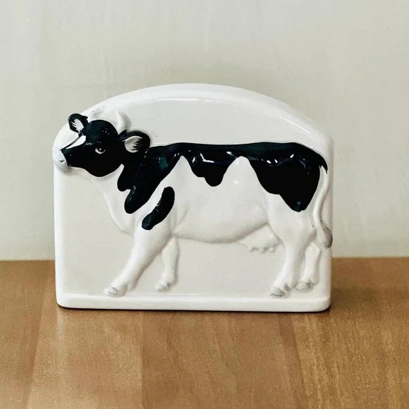 Vintage‎ Otagiri Cow Napkin Holder Black and white bull hand painted. Japan EUC