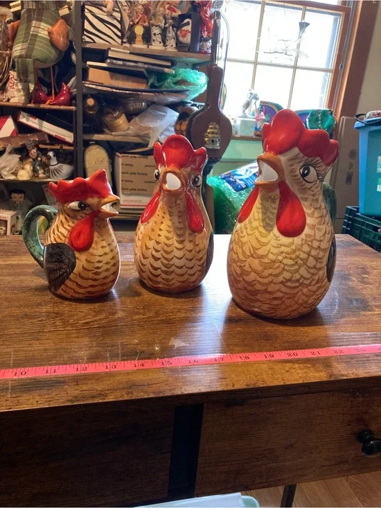 Set of 3 ceramic roosters pitchers