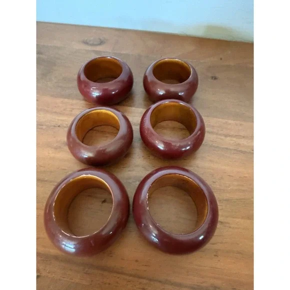 Vintage Napkin Rings Burgundy Wooden Set 6pc Decor Kitchen Dinning