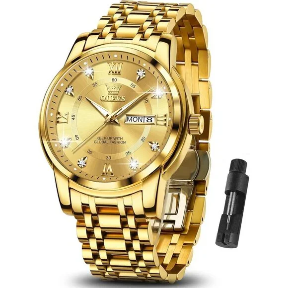 Olevs Men's Gold-Men Stainless Steel Man Watch with Date Luminous Stylish Watch
