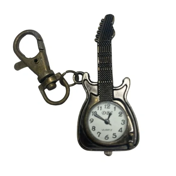DBS Antique Bronze Guitar Shaped‎ Quartz Keychain Vintage Novelty Pocket Watch