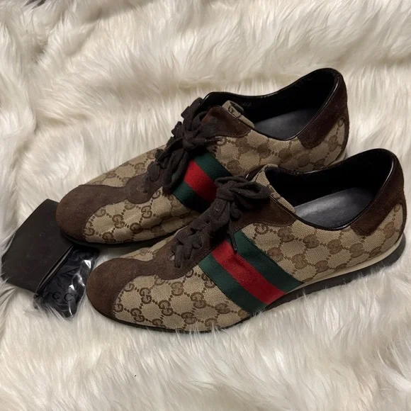 Gucci Men's Monogram Sneakers with Red and Green Accents Dark Brown Suede 9.5