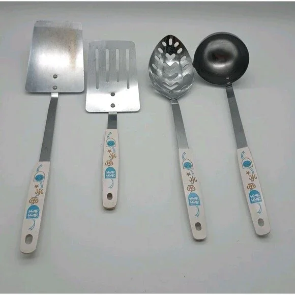 Vtg Stainless Steel Kitchen Utensils Short Spatula Slotted Spoon Blue Gold Crown