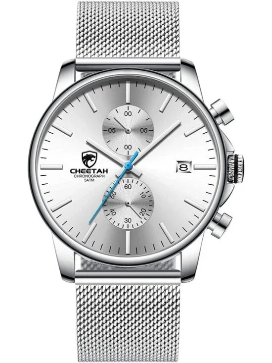 Men's Silver Quartz Analog Mesh Strap Stainless Steel Chronograph Round Watch