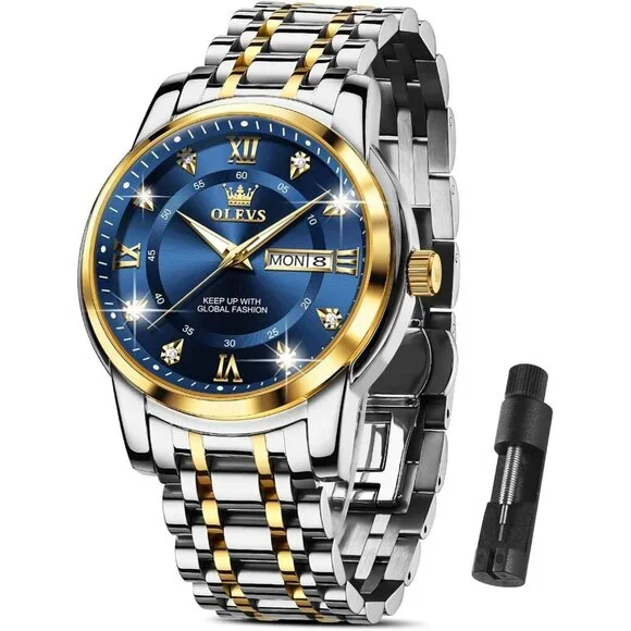 Olevs Men's Gold and Blue Stainless Steel Man Watch Luminous Stylish Watch