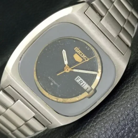 Vintage 1978 Square Seiko Automatic Mens Silver Watch W/daydate & Gold accents