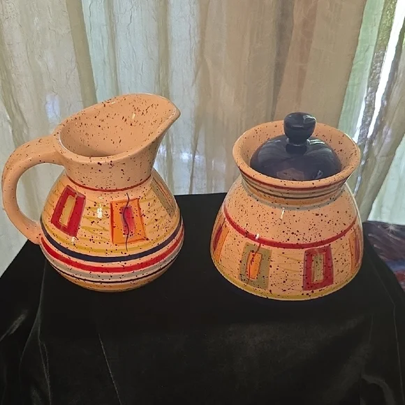 Pfaltzgraff Sugar Creamer Set Sedona‎ Pattern Cream Red Yellow Blue