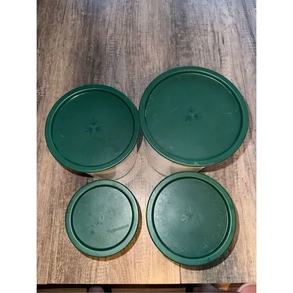 Tupperware White One Touch Canister Set of 4Hunter green lids