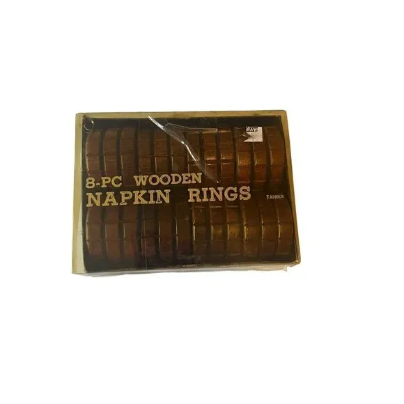 Vintage Set of‎ 8 Dark Brown Wooden Napkin Rings with Box