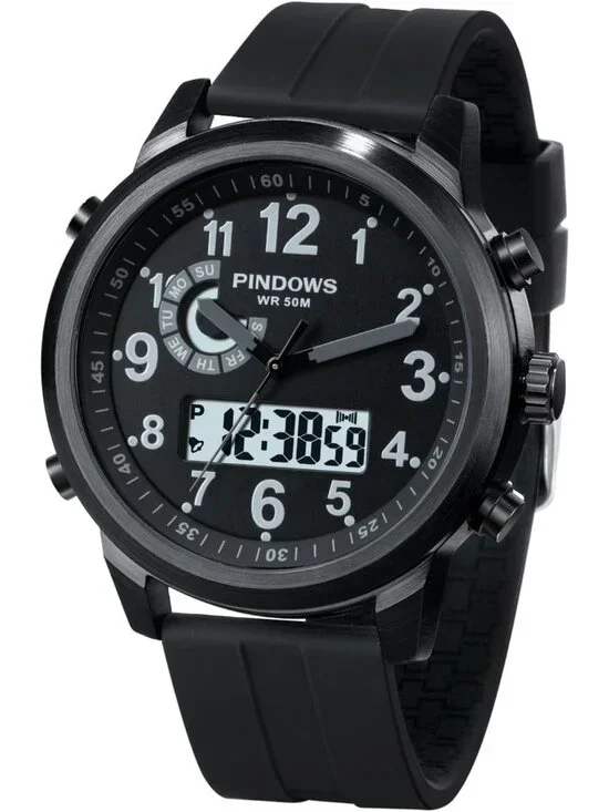 Mens Black Analog Quartz Waterproof Military Multifunctional LED Digital Watch