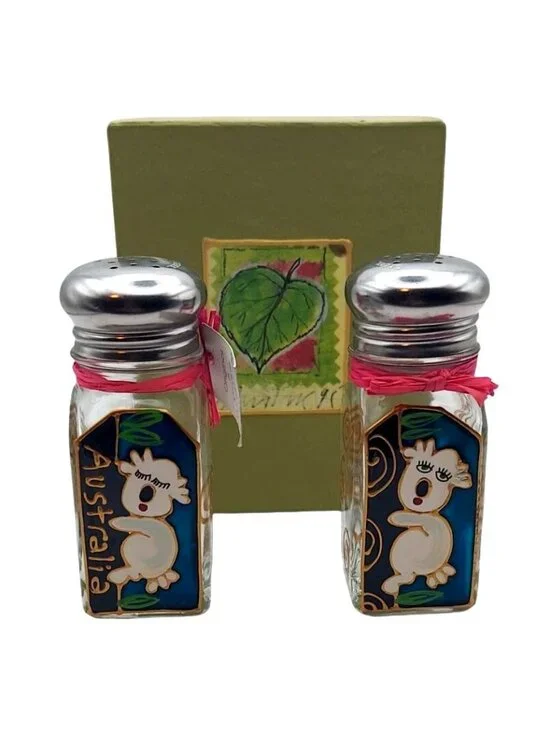 Liza Enger Handpainted Koala Bear Glass Salt & Pepper Shakers Gift Box Australia