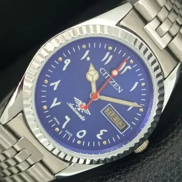 Vintage 1978 Citizen Automatic Mens Silver Watch W/daydate & Blue accents