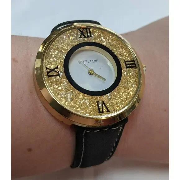 Steeltime Wrist Watch Black Faux Leather Loose Crystal Window Dial Roman Numeral