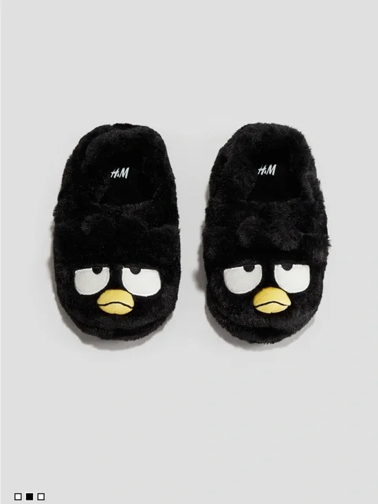 Badtz-Maru H&M Black Plush Kids Slip-On Character Slippers with Yellow Beak