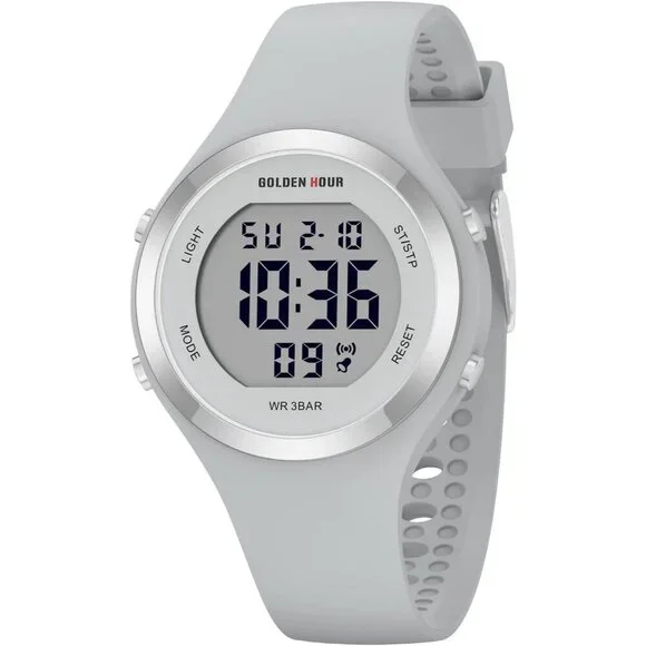 Unisex Grey Silicone Digital Sports Gold Bezel Water-Resistant Alarm Stopwatch