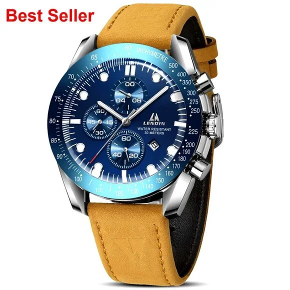 Leather Analog Quartz Watch with Date, Luminous, 30M Waterproof
