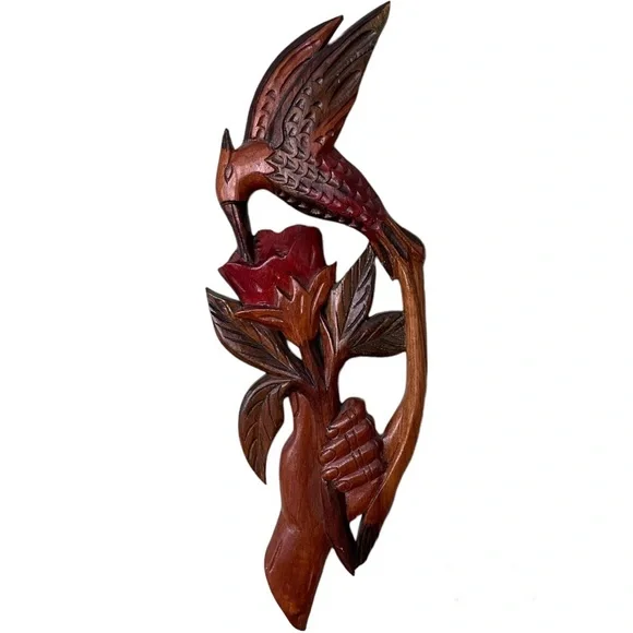 Hummingbird On Flower Hand Painted Craved Wood Wall Decor