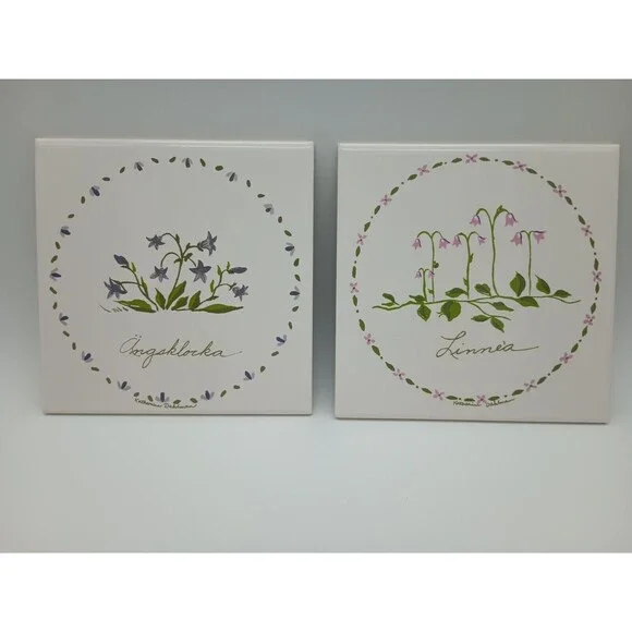 Bergquist Imports Tile Set Signed Katharine Dahlman Floral Norwegian 6