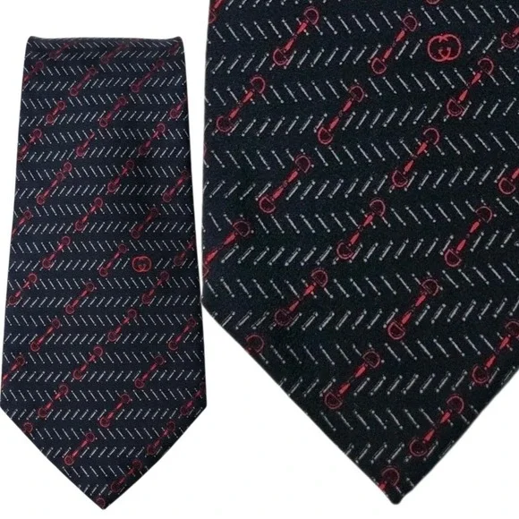 Gucci Men's 100% Silk Tie Made in Italy Barbell Logo Vtg Black Red