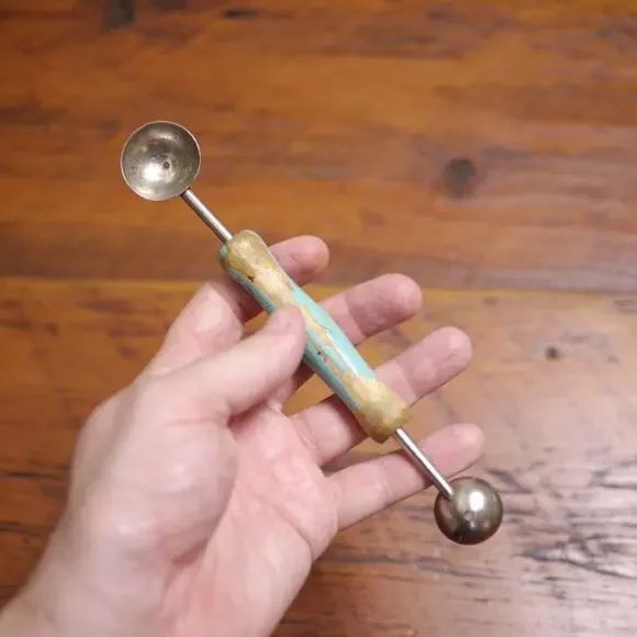 Vintage Primitive Rustic Steel Wood Melon Fruit Baller Scooper Robins Egg Blue