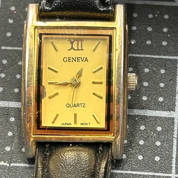 Geneva Quartz Watch‎ Gold Tone Rectangular Case Black Leather Band Japan Movt