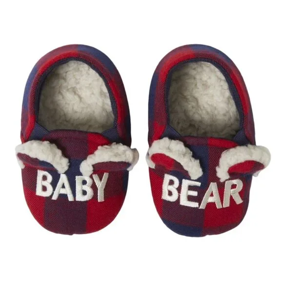 Dearfoams Cozy Comfort Baby Size 3/4 Slippers Baby Bear Plaid Flannel Lining