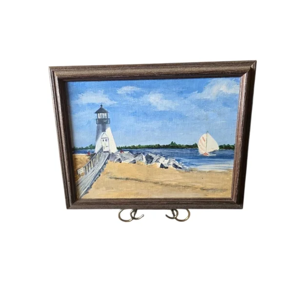 Handpainted Framed Nautical Lighthouse Painting With Sail Boat and Sea Landscape