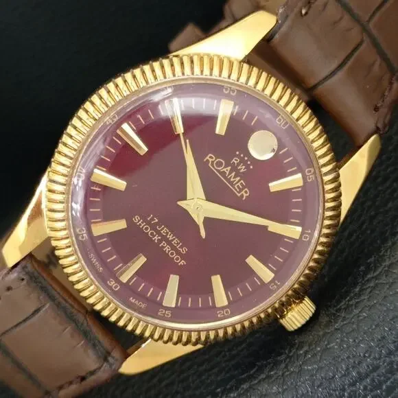 Vintage 1977 Roamer Manual Mens Gold Watch W/Leather Strap & Red accents